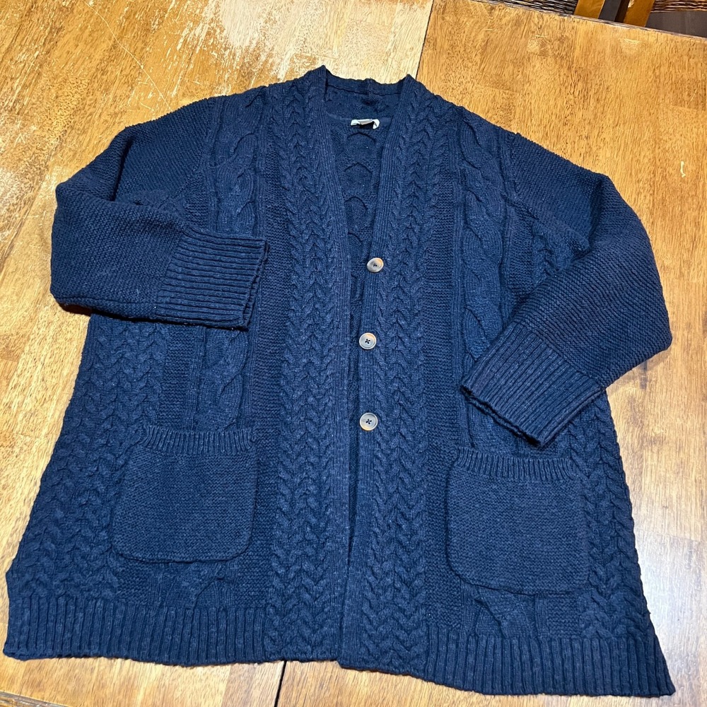 J. Jill Women's Large Navy Blue Cable Knit Button Front Cardigan Sweater Chunky